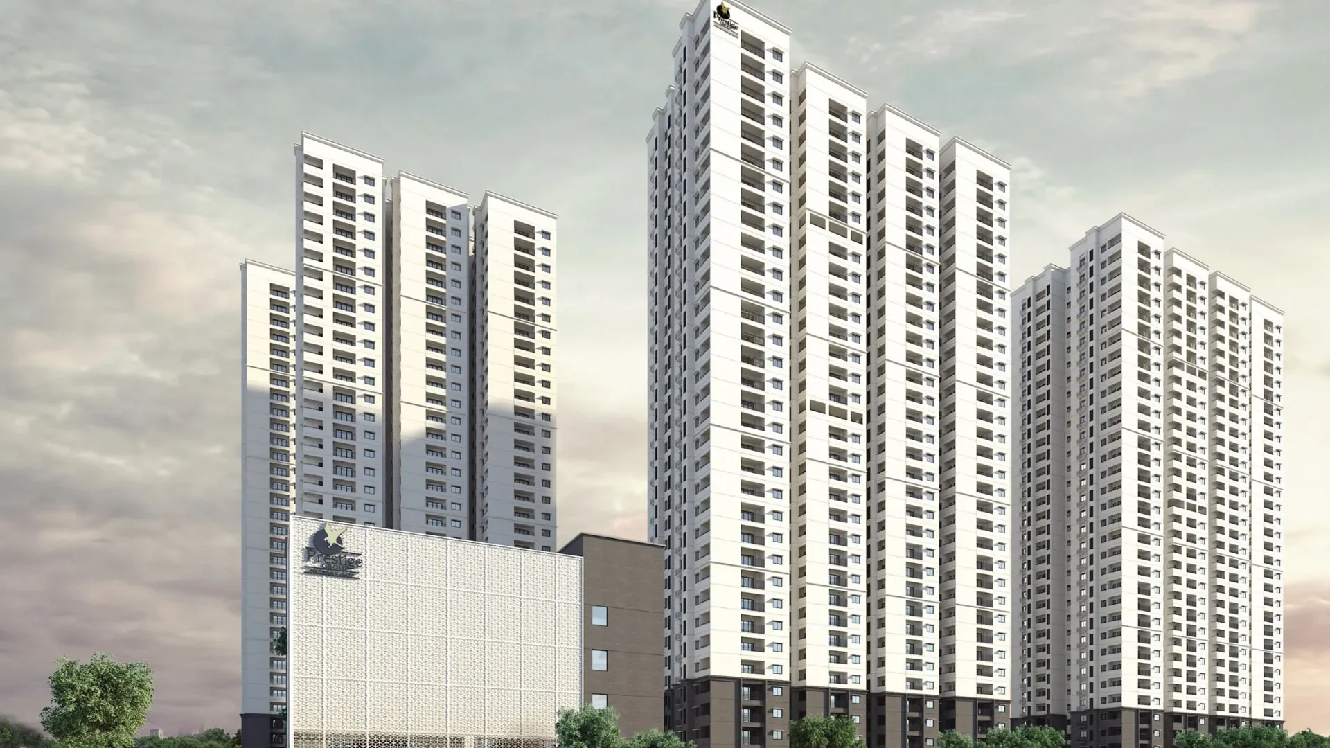 Imposing high-rise residential tower of Prestige Tranquil showcasing modern architectural design against the Kokapet skyline.